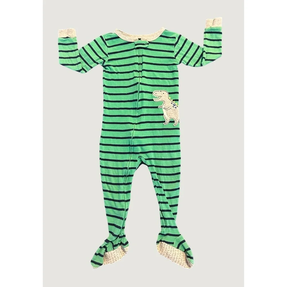 Carters Toddler 2T Green Striped Dinosaur Footed Pajamas 1508